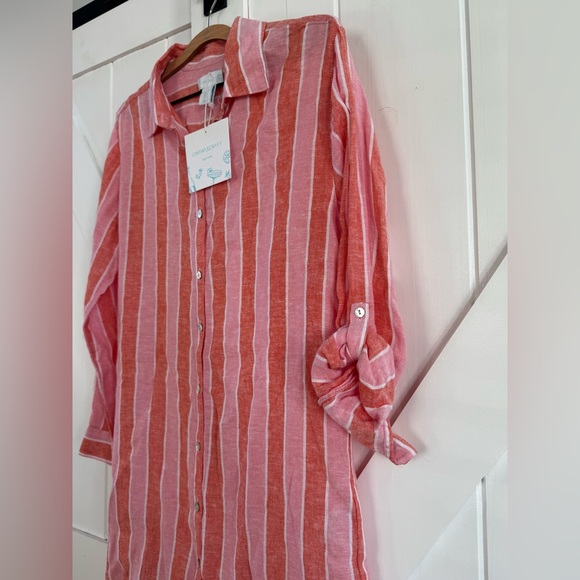 Cynthia Rowley Linen Striped Coral/Pink Button Down Tunic Cover-up Dress - Picture 3 of 6